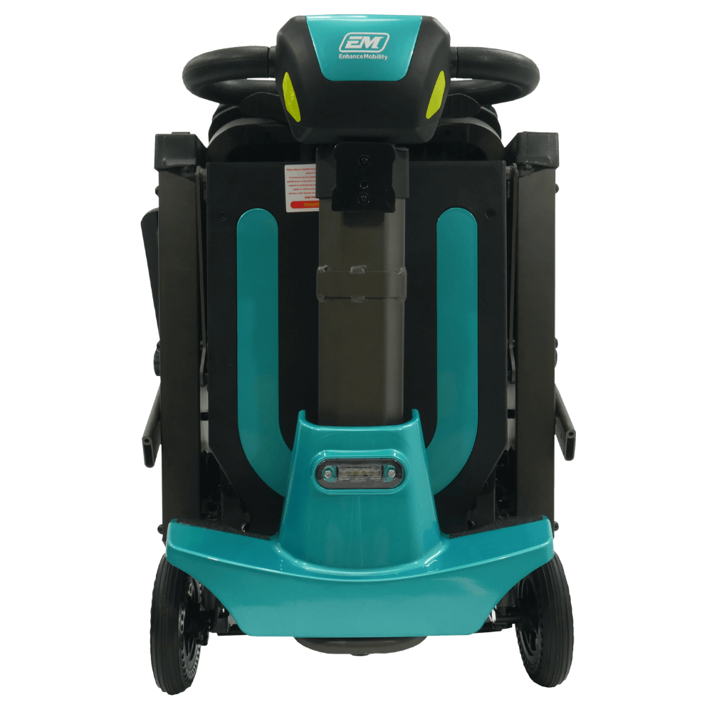 Enhance Mobility Mojo MJ101 Auto-Fold Lightweight Mobility Scooter Aqua Folded Front View
