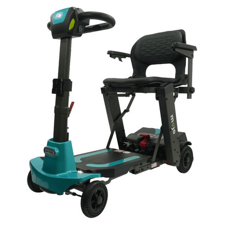 Enhance Mobility Mojo MJ101 Auto-Fold Lightweight Mobility Scooter Aqua Angled View 2