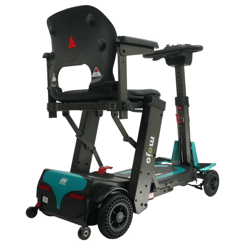 Enhance Mobility Mojo MJ101 Auto-Fold Lightweight Mobility Scooter Aqua Back Angled View