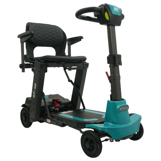 Enhance Mobility Mojo MJ101 Auto-Fold Lightweight Mobility Scooter Aqua Angled View