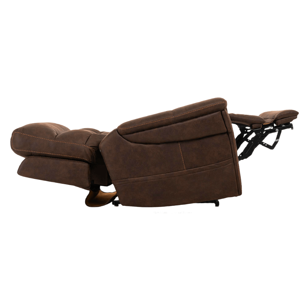 Fully Reclined Badlands Walnut VivaLift Radiance Power Lift Chair PLR-3955 with Extended Leg Rest Side View