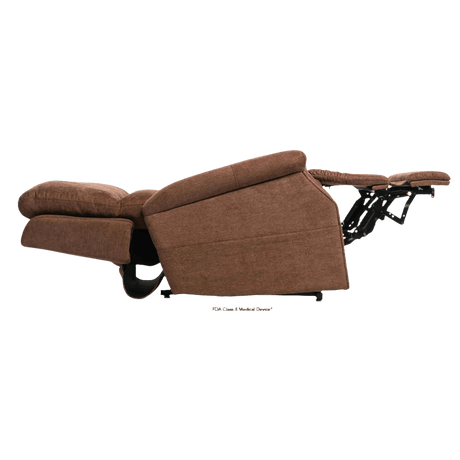 Fully Reclined Saville Brown Pride Mobility Vivalift Metro 2 PLR-925 Lift Chair with Extended Footrest Side View