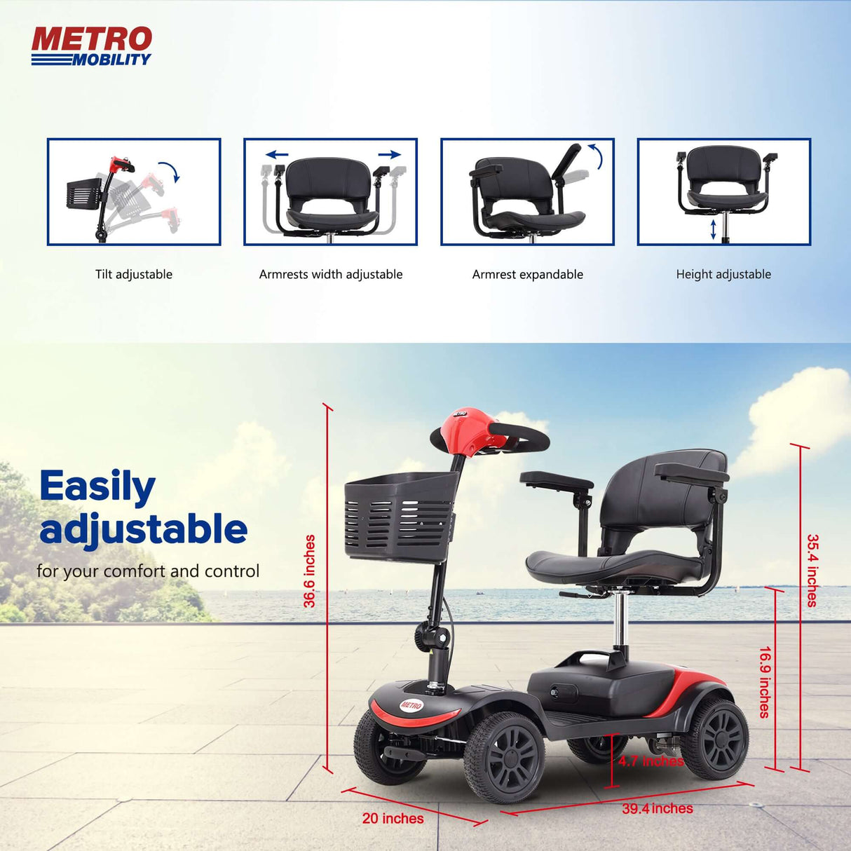 Red Metro Mobility M1 Lite Lightweight Portable Mobility Scooter - Dimension Display