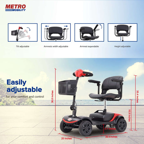 Red Metro Mobility M1 Lite Lightweight Portable Mobility Scooter - Dimension Display
