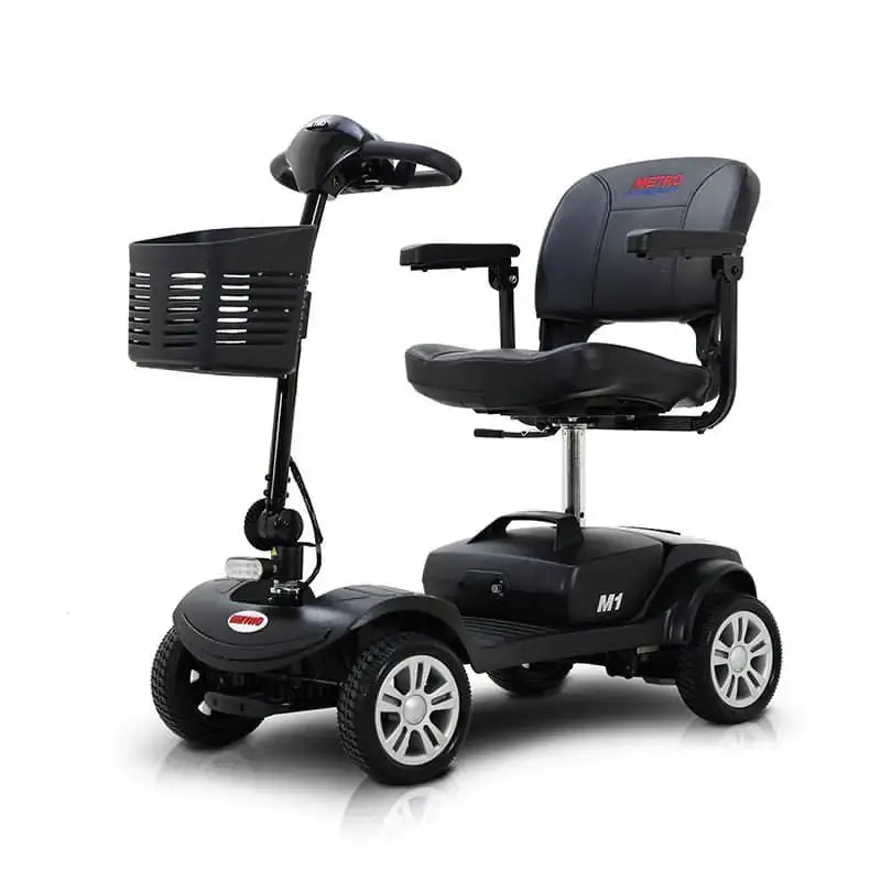 Gloss Black Metro Mobility M1 Portable 4-Wheel Mobility Scooter - Angled View