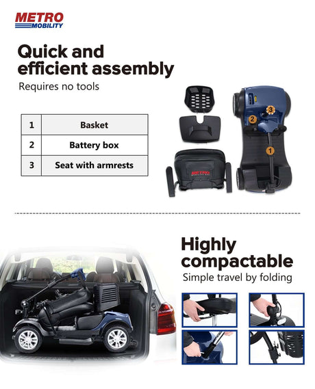 Metro Mobility M1 Portable 4-Wheel Mobility Scooter Parts Display and Assembly
