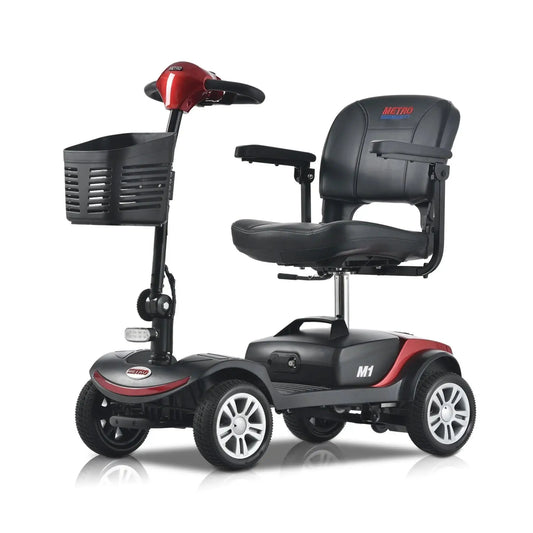 Red Metro Mobility M1 Portable 4-Wheel Mobility Scooter - Angled View