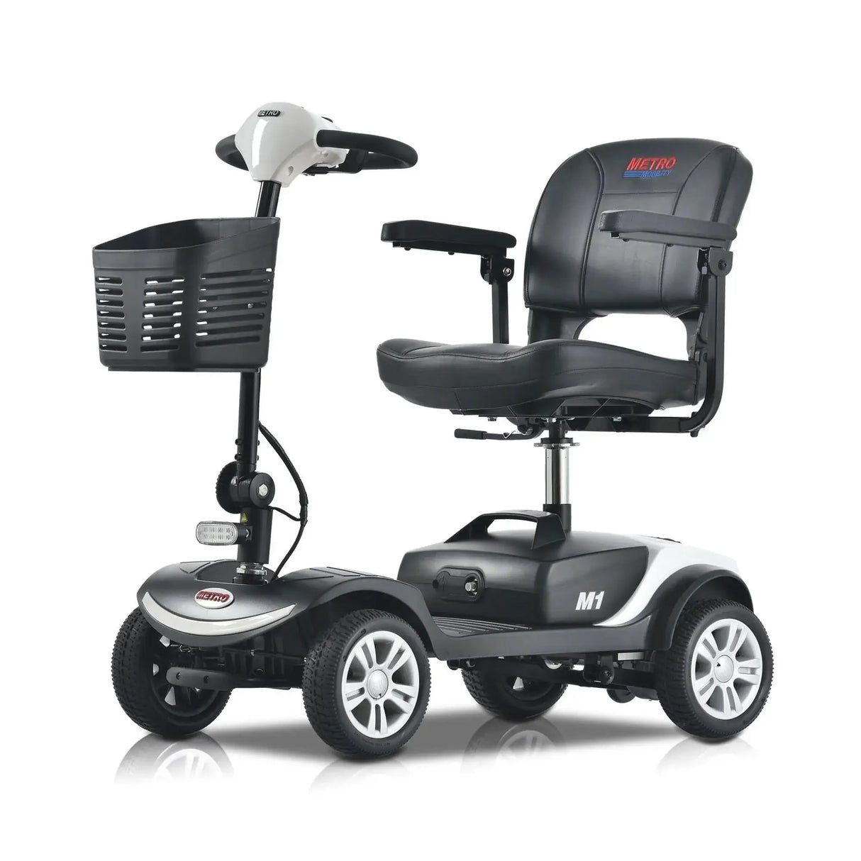 White Metro Mobility M1 Portable 4-Wheel Mobility Scooter - Angled View