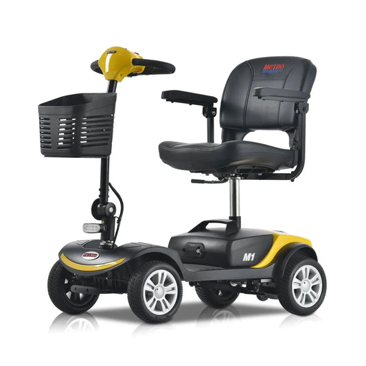 Yellow Metro Mobility M1 Portable 4-Wheel Mobility Scooter - Angled View