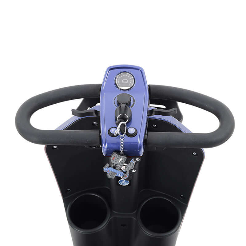 Dark Purple Metro Mobility Max Plus Indoor & Outdoor Mobility Scooter - Tiller Close-up View