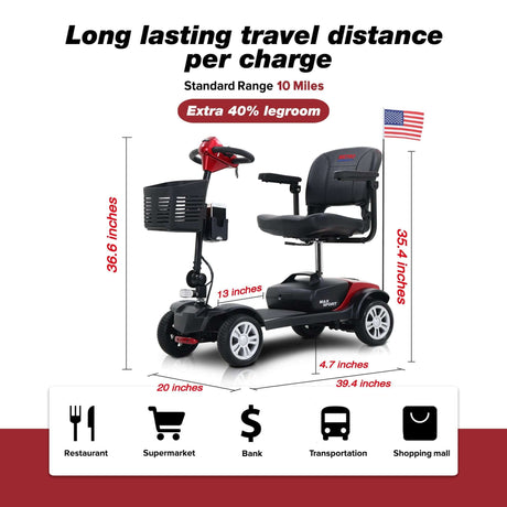 Metro Mobility Max Sport Portable Travel Mobility Scooter -  Dimensions Display - Long Travel Range