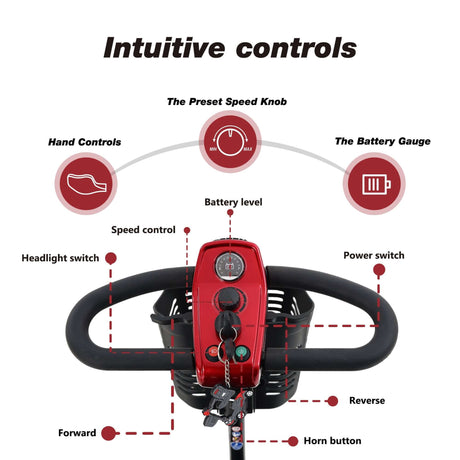 Red Metro Mobility Max Sport Portable Travel Mobility Scooter Intuitive Controls - Control Panel Close-up View