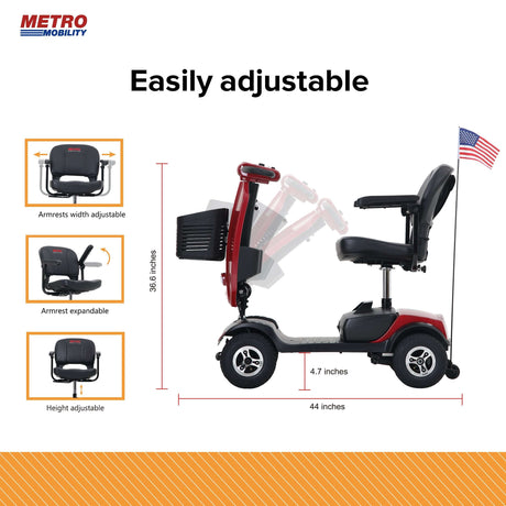 Red Metro Mobility Patriot 4-Wheel Travel Mobility Scooter - Easily Adjustable