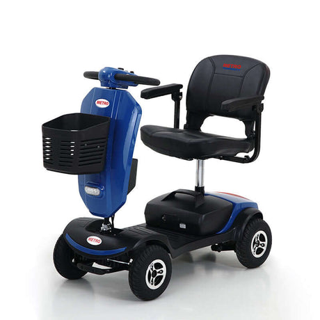 Blue Metro Mobility Patriot 4-Wheel Travel Mobility Scooter - Angled View