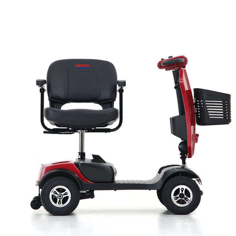 Red Metro Mobility Patriot 4-Wheel Travel Mobility Scooter Swiveled Seat - Side View