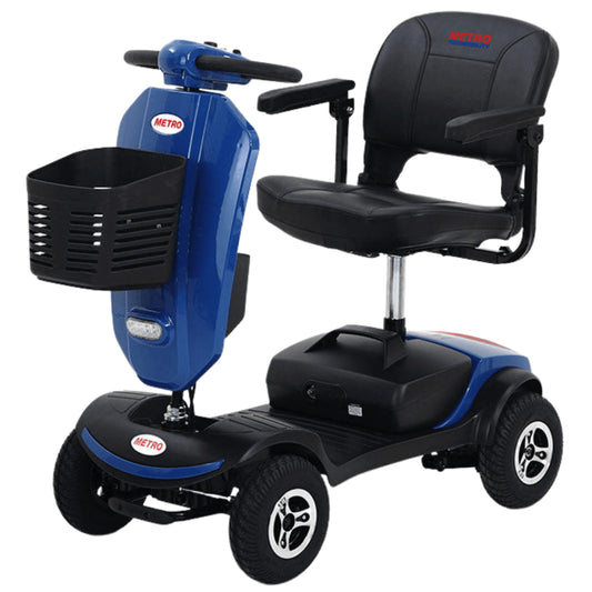 Blue Metro Mobility Patriot 4-Wheel Travel Mobility Scooter -  Angled View
