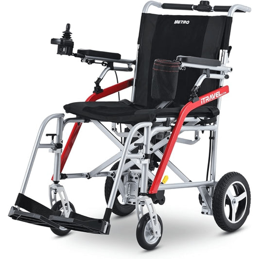 Silver Metro Mobility iTravel Lite Portable Electric Wheelchair - Angled View