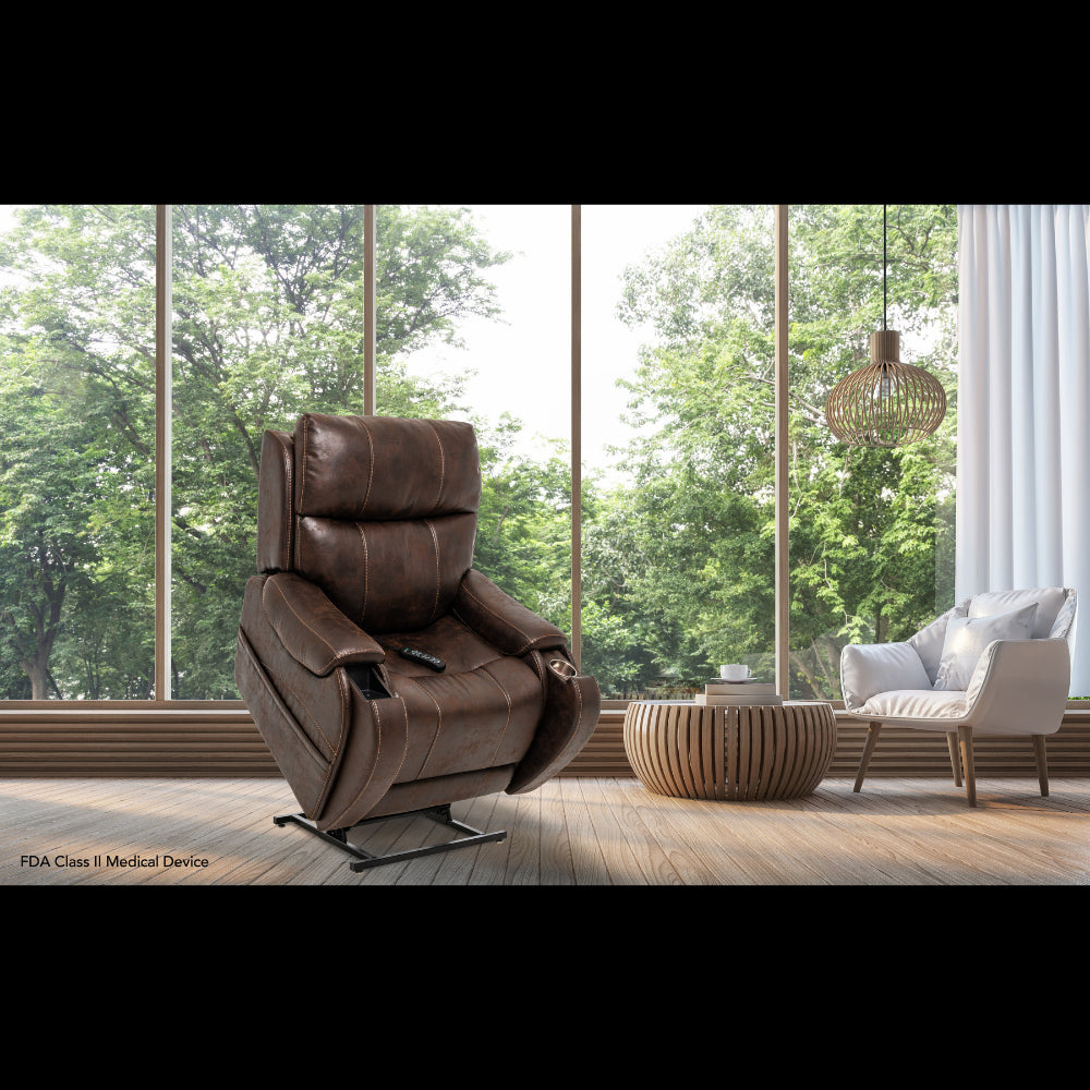 Partially Lifted Badlands Walnut Pride Mobility VivaLift Atlas Plus PLR-2985 Lift Chair in a Cozy Room