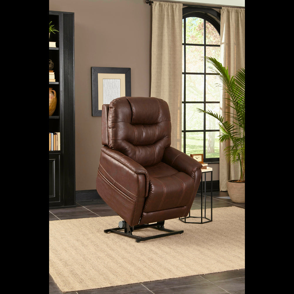 Partially Lifted Badlands Walnut Pride Mobility Vivalift Elegance 2 PLR-975 Lift Chair in a Cozy Room