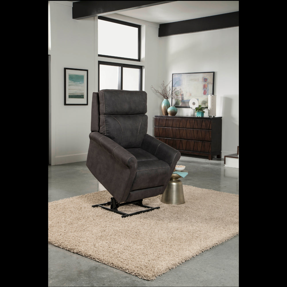 Partially Lifted Gun Metal Color Pride Mobility VivaLift Urbana 2 PLR-965 Lift Chair in a Cozy Room