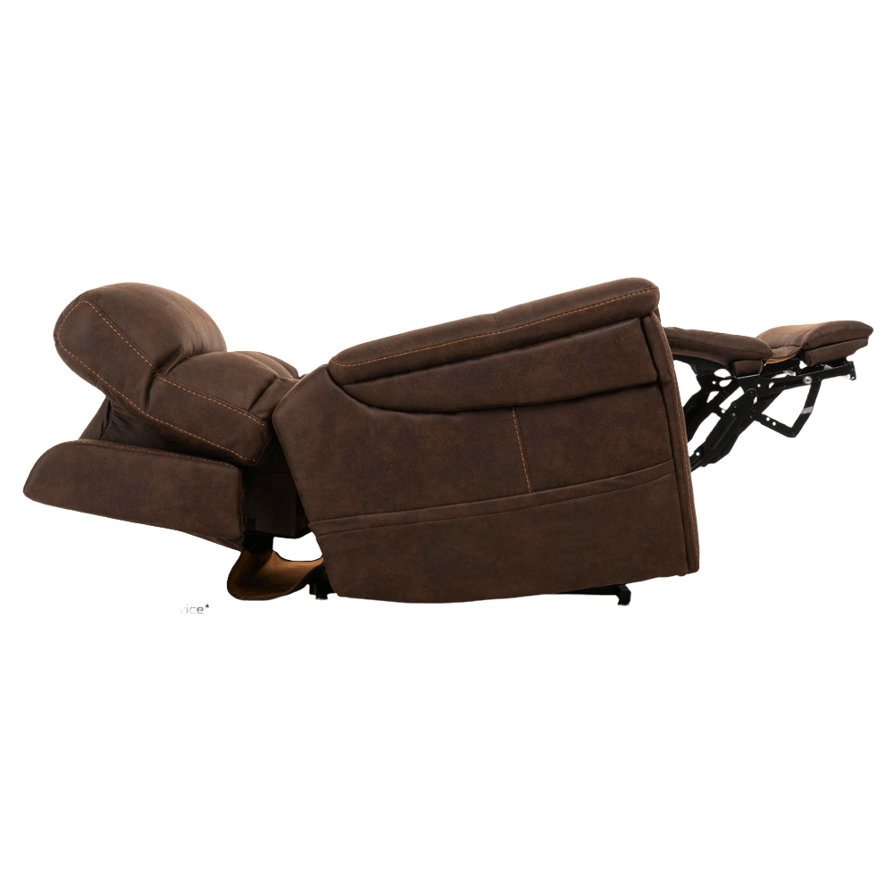 Reclined Badlands Walnut VivaLift Radiance Power Lift Chair PLR-3955 with Extended Leg Rest and Partially Lifted Headrest