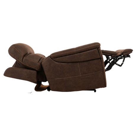 Reclined Badlands Walnut VivaLift Radiance Power Lift Chair PLR-3955 with Extended Leg Rest and Partially Lifted Headrest