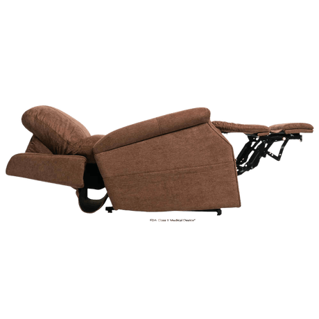 Reclined Saville Brown Pride Mobility Vivalift Metro 2 Plr-925 Lift Chair with Extended Footrest and Partially Lifted Headrest