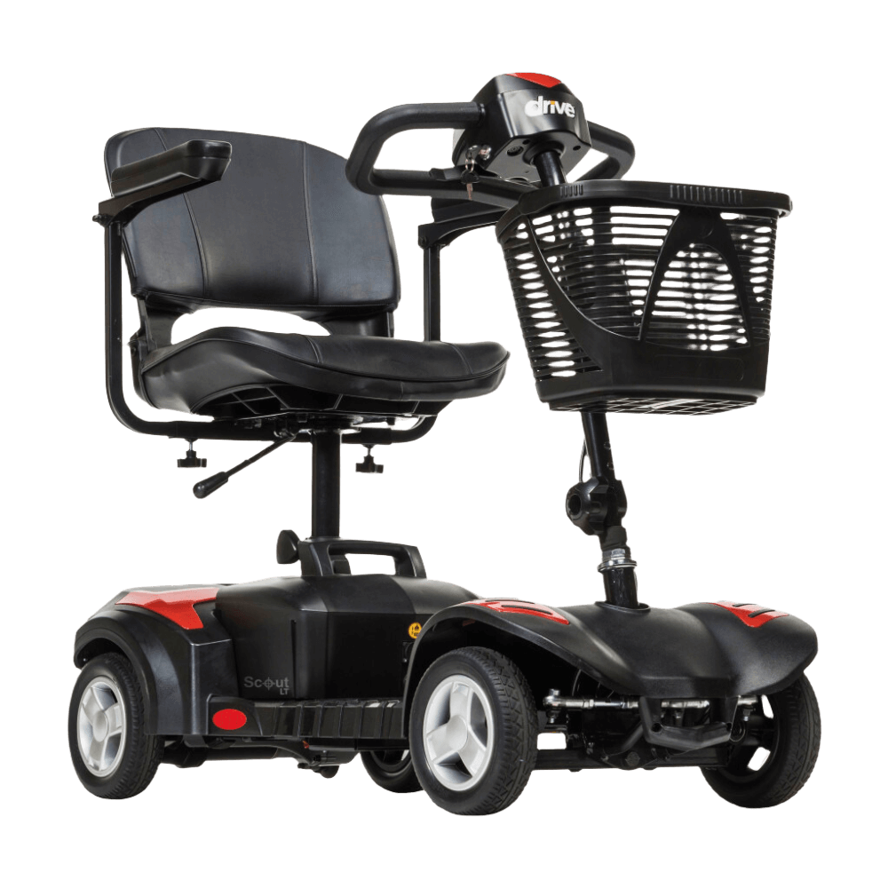Red Drive Medical Scout LT 4-Wheel Compact Travel Power Scooter Side Angled View