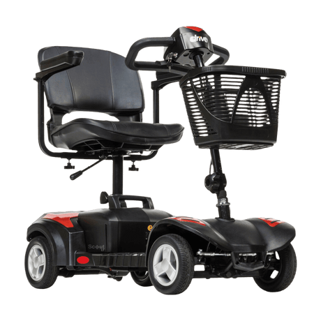 Red Drive Medical Scout LT 4-Wheel Compact Travel Power Scooter Side Angled View