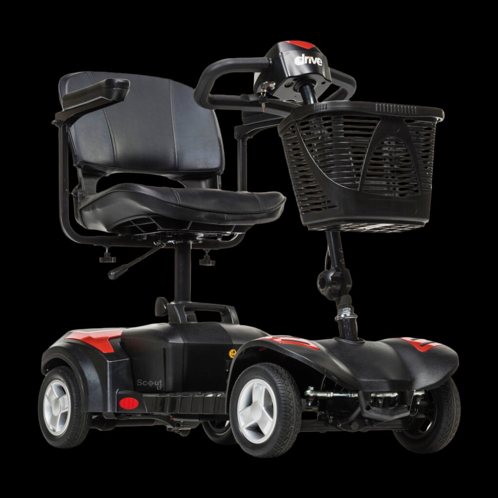 Red Drive Medical Scout LT 4-Wheel Compact Travel Power Scooter Side Angled View