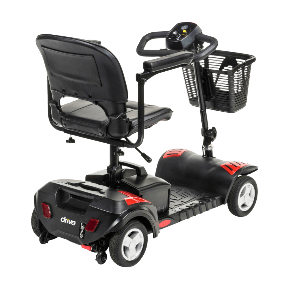 Red Drive Medical Scout LT 4-Wheel Compact Travel Power Scooter Rear Angled View