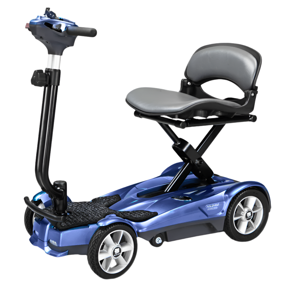 Saphire Blue EV Rider Auto Fold Transport 4AF Mobility Scooter - Open Box Angled View