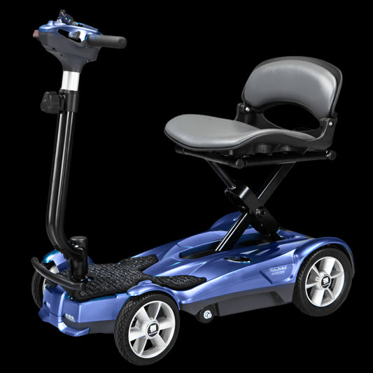 Saphire Blue EV Rider Auto Fold Transport 4AF Mobility Scooter - Open Box Angled View