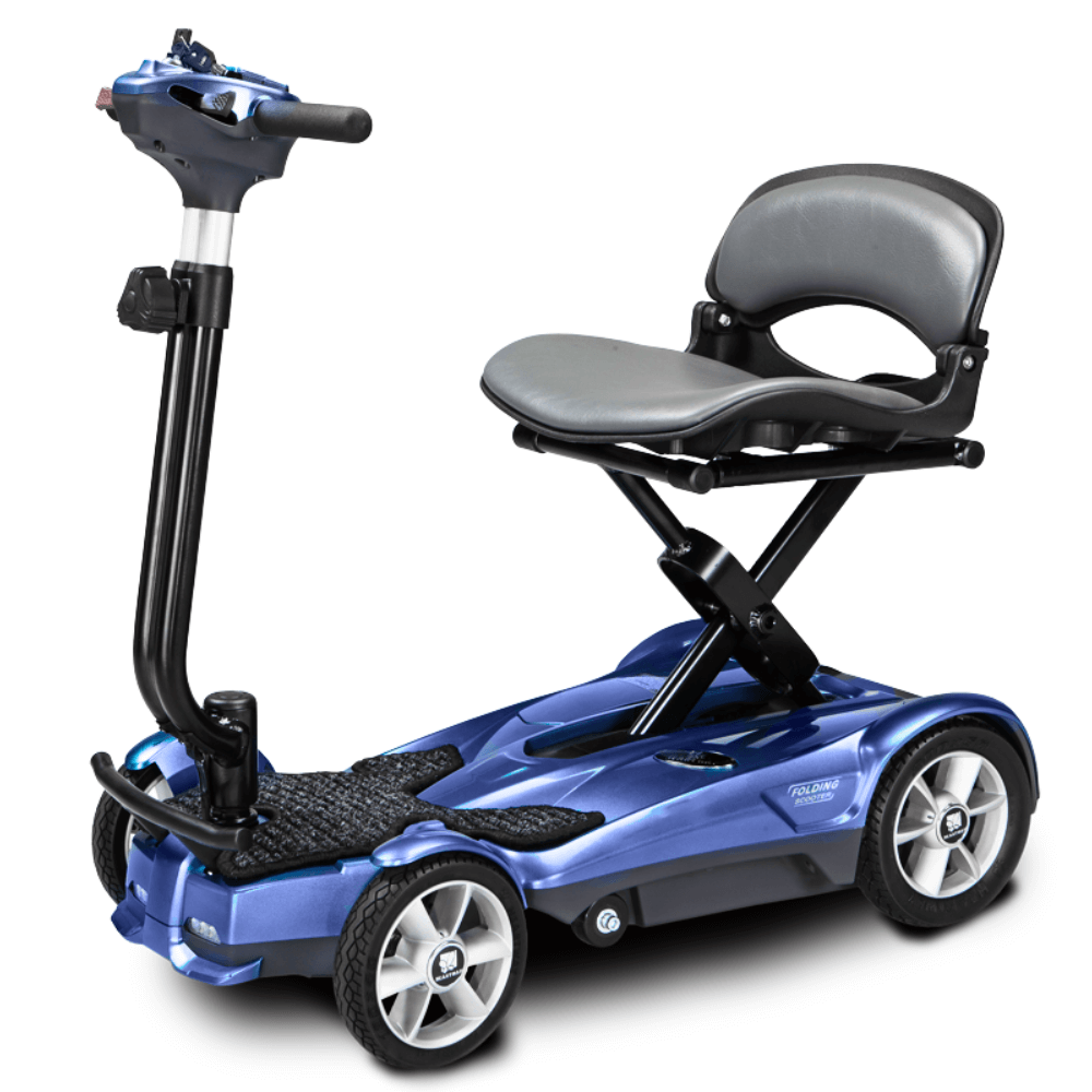 Sapphire Blue EV Rider 4AF Automatic Folding Mobility Scooter - Angled View 