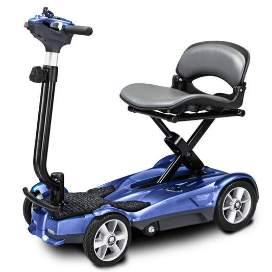Sapphire Blue EV Rider 4AF Automatic Folding Mobility Scooter - Angled View