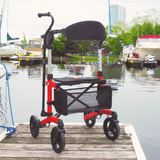 Red Triumph Mobility Escape Adjustable Rollator on the dock