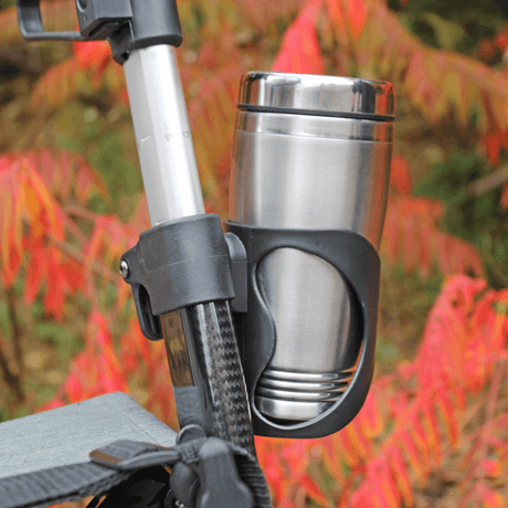 Triumph Mobility Maverick Carbon Fibre Rollator - Close-up View of Cup Holder with a Tumbler