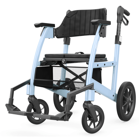 Sky Blue Color Triumph Mobility Prestige All-in-one Rollator and Transport Chair with Foot Plate - Angled View