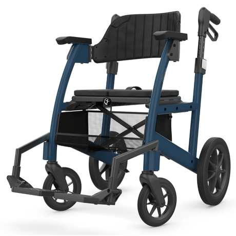 Midnight Blue Color Triumph Mobility Prestige All-in-one Rollator and Transport Chair with Foot Plate - Angled View