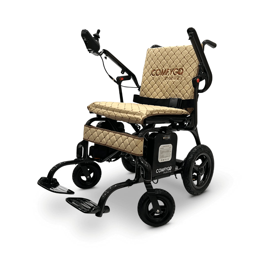 Coffee Textile ComfyGO Phoenix Carbon Fiber Lightweight Electric Wheelchair - Angled View