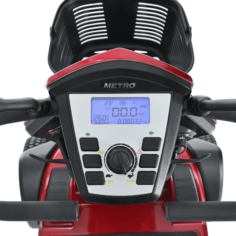 Red Metro Mobility S500 4-Wheel Mobility Scooter - Control Panel Close-up View