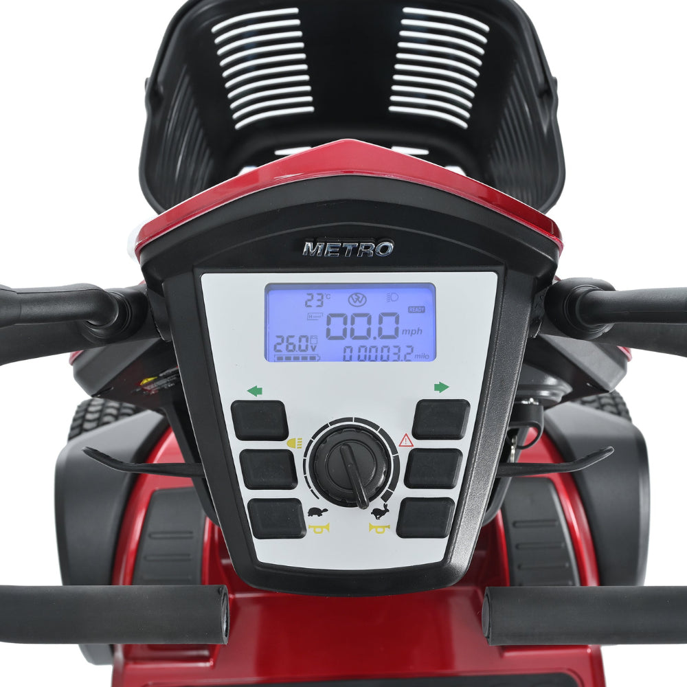 Red Metro Mobility S500 4-Wheel Mobility Scooter - Control Panel Close-up View