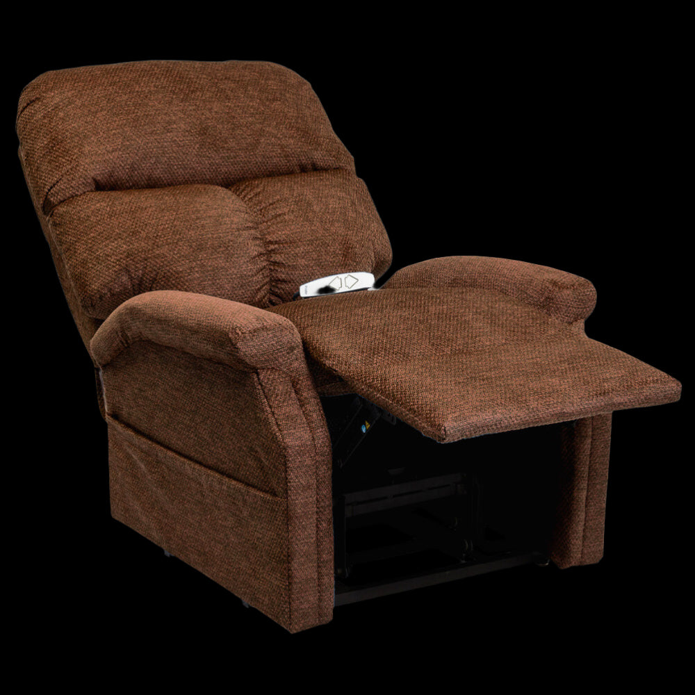 Walnut Color Pride Mobility Essential LC-250 Power Lift Chair with Extended Footrest Angled View