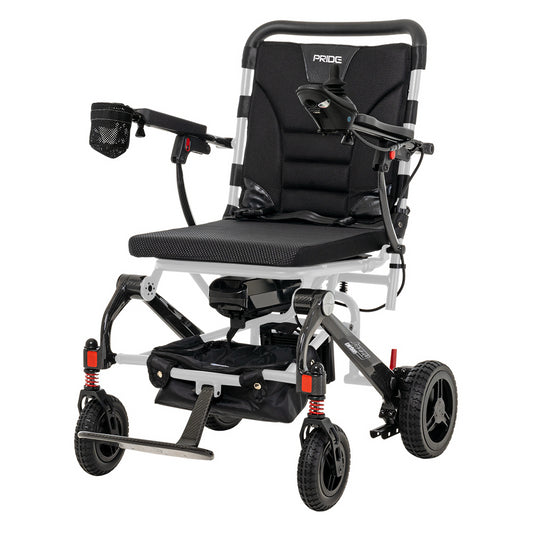 White Frame Pride Jazzy Carbon Lightweight Power Wheelchair - Angled View