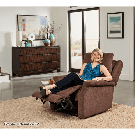 A Woman Relaxing In a Fully Reclined Saville Brown Pride Mobility Vivalift Metro 2 PLR-925 Lift Chair